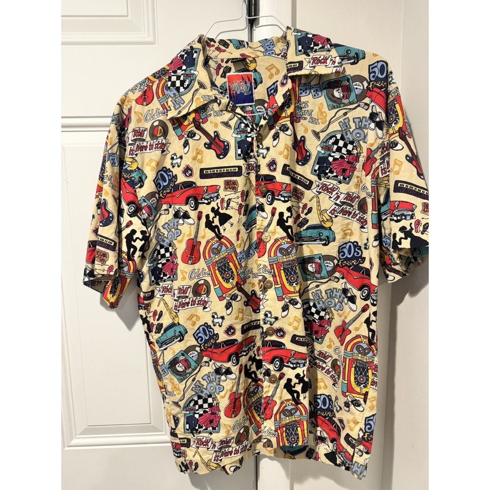 Vintage Dem Crazy 50s Forever Button Up Shirt Guitar Rock N Roll Cars L Dancing